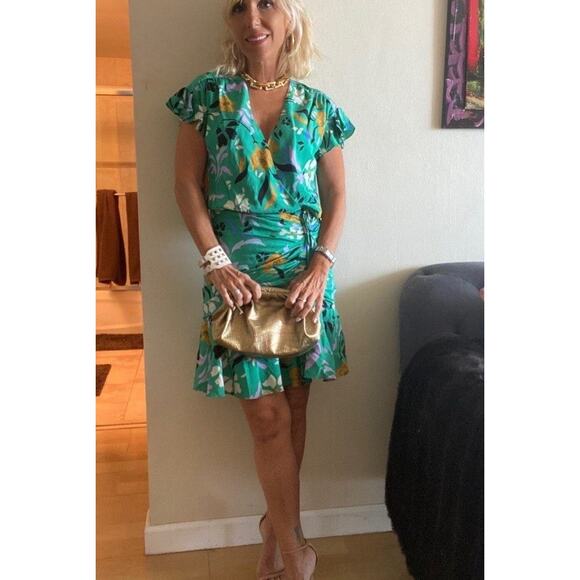 VERONICA BEARD Green Floral Printed Silk Ruched Ruffled Maria Dress Size 4 - Picture 15 of 16
